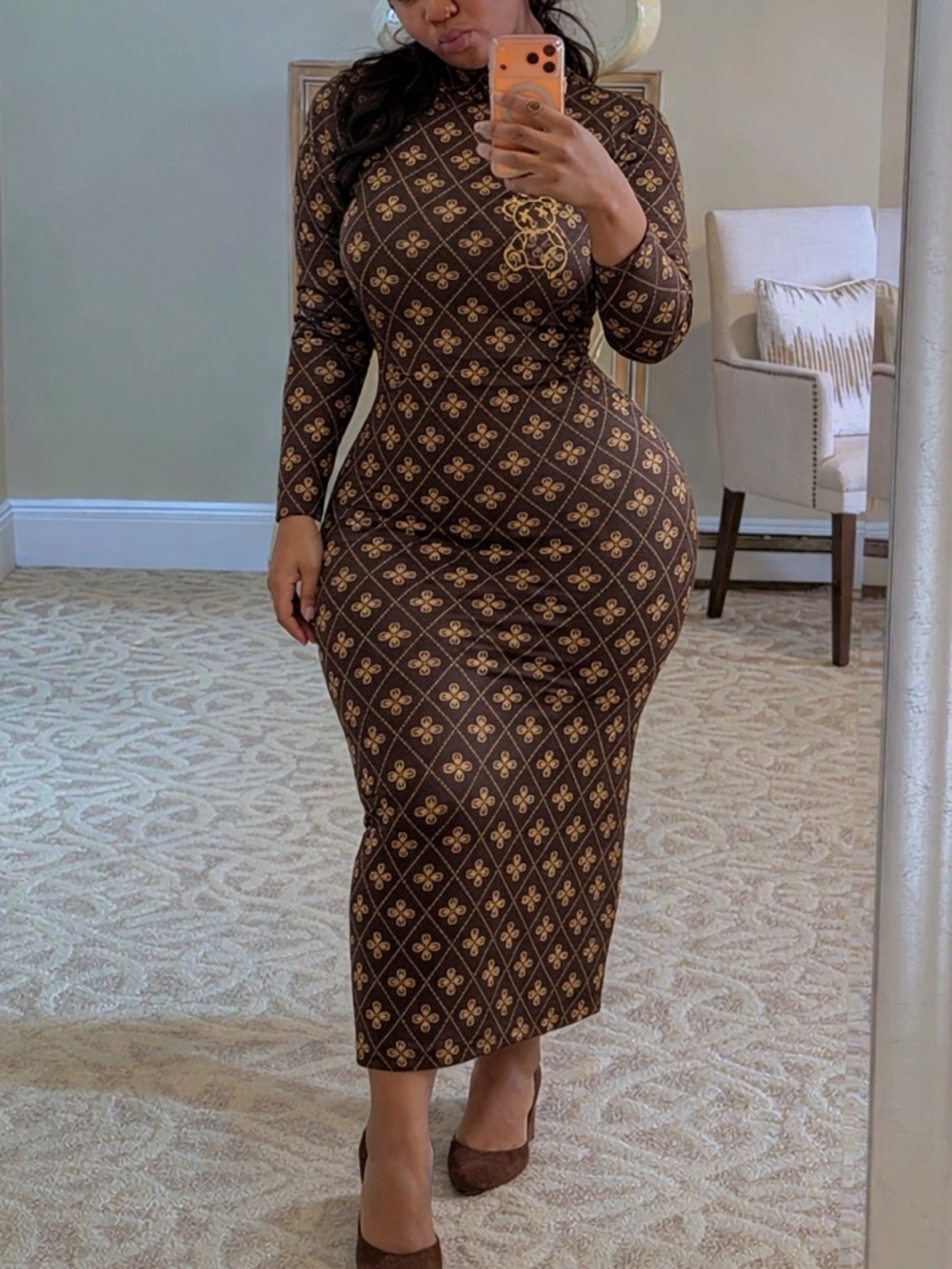 Long Brown Patterned Maxi Dress with Gold Motif